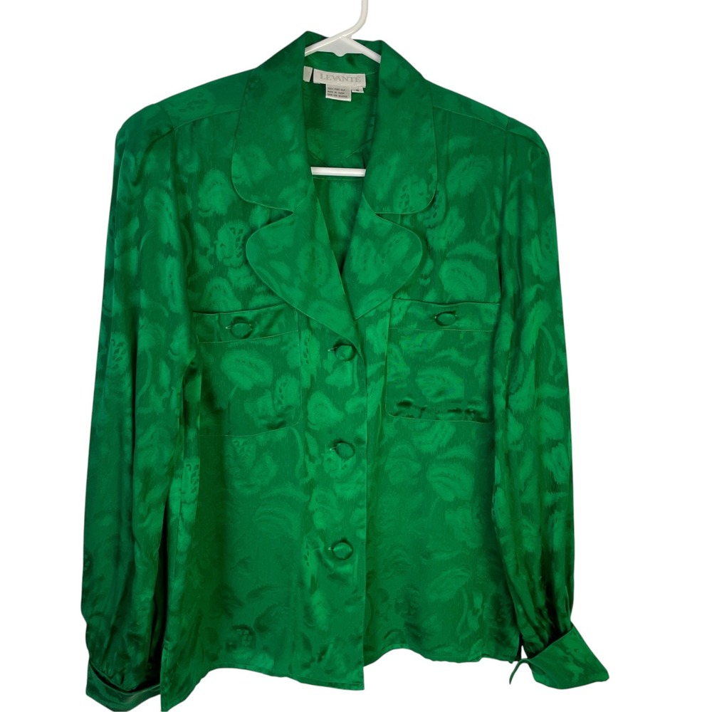 Vintage Levante Womens 100% Silk Jacquard Blouse Size 6 Green Floral Old Money